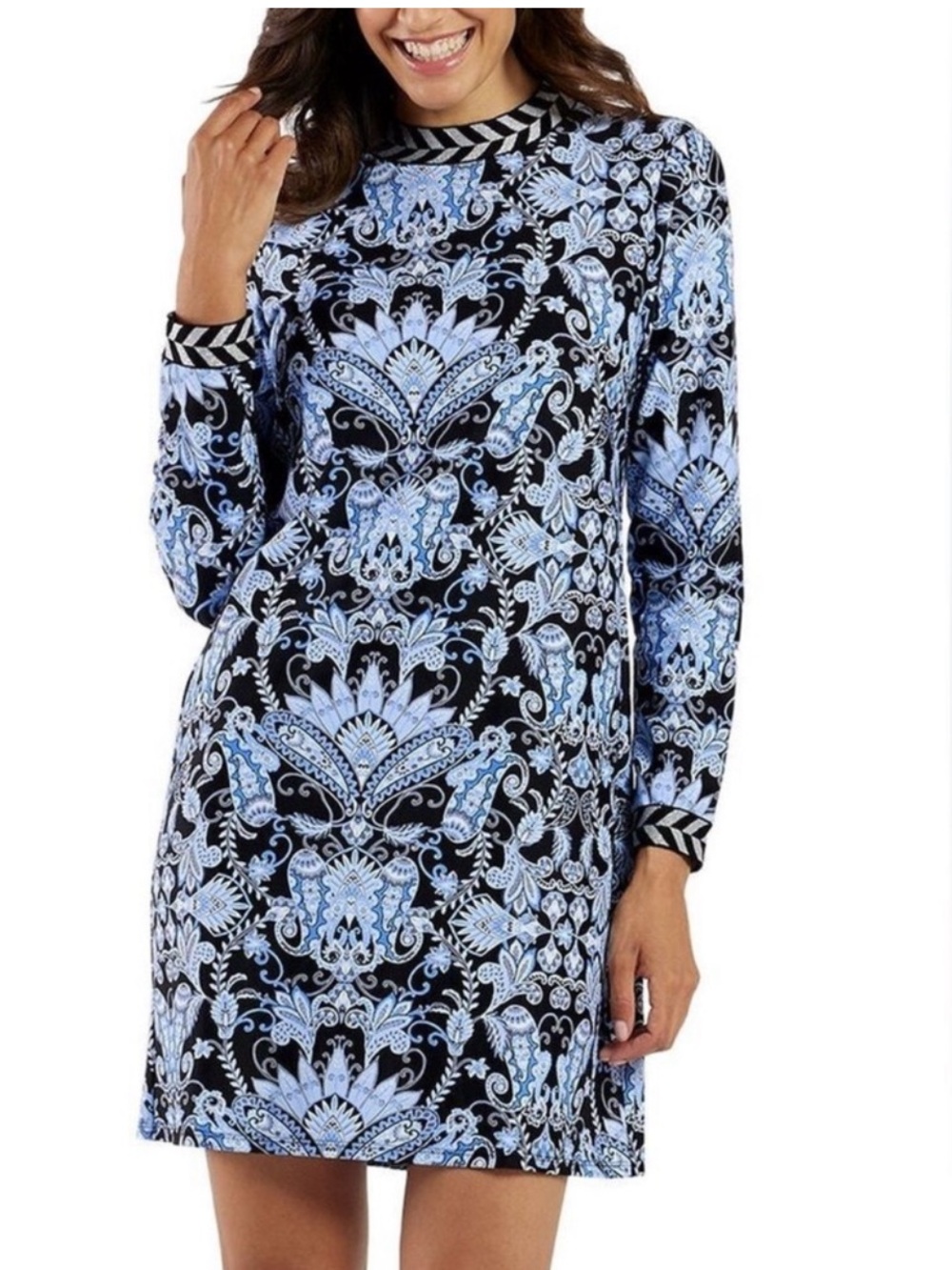 Jude Connally Black and Light Blue Paisley Long Sleeve Shift Dress